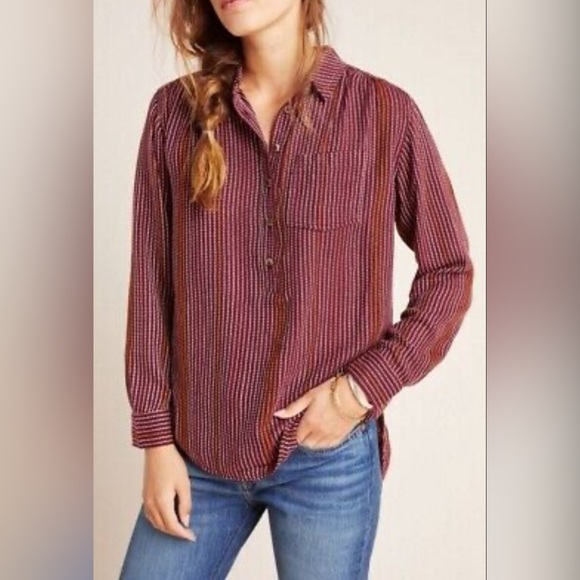 ANTHROPOLOGIE Isadora Wool Blend Stripe Red Button Back Tunic Shirt Size XS - Picture 1 of 11
